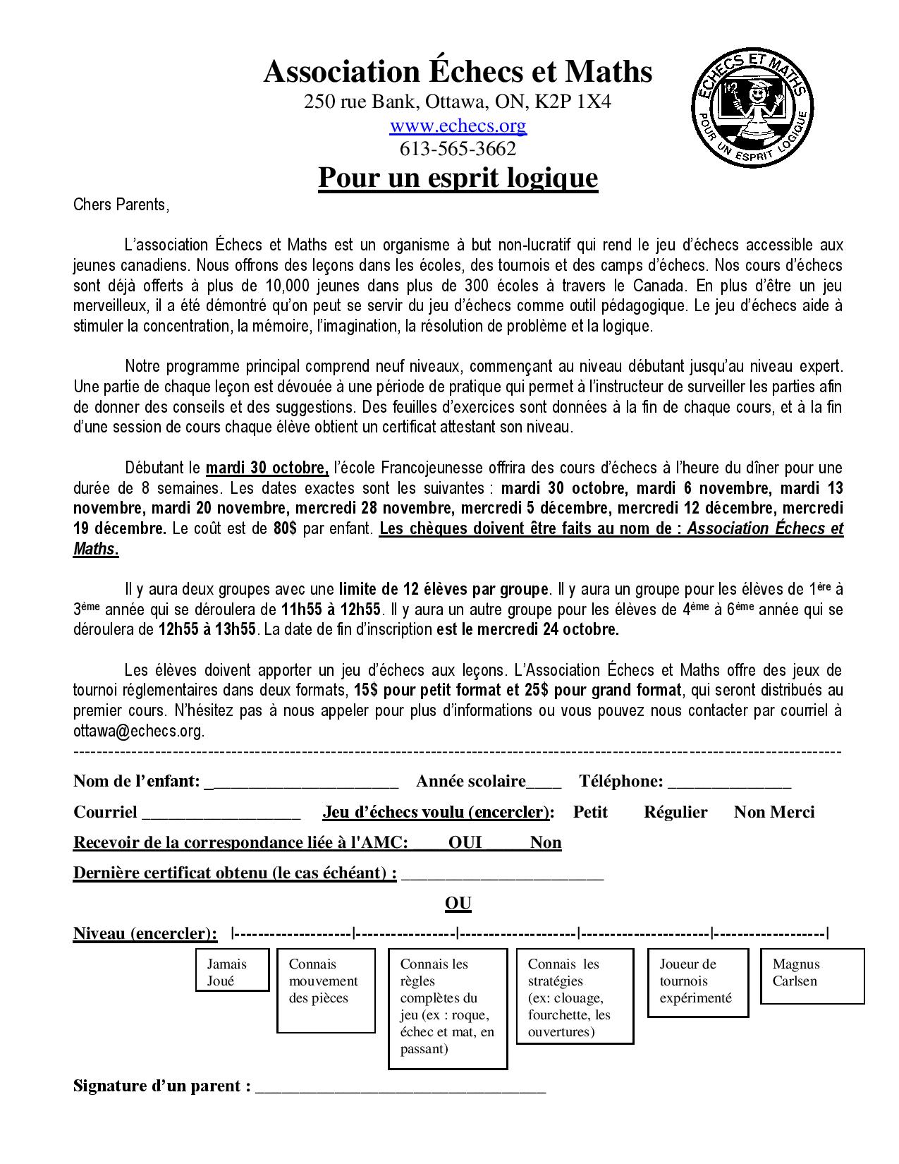  Formulaire d'inscription:  Formulaire d'inscription: Cours d'Échecs Automne 2018 Francojeunesse
